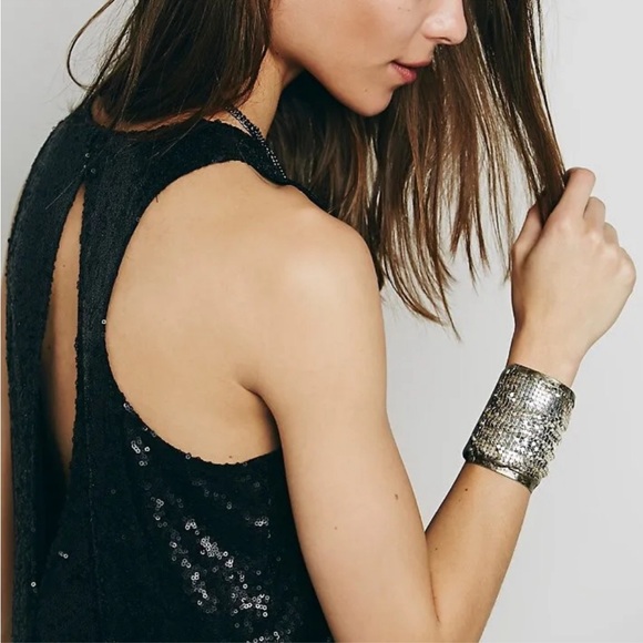 Free People Black Sequin Mini Dress Swing Racerback Boho Shiny Holiday Party - Picture 2 of 8